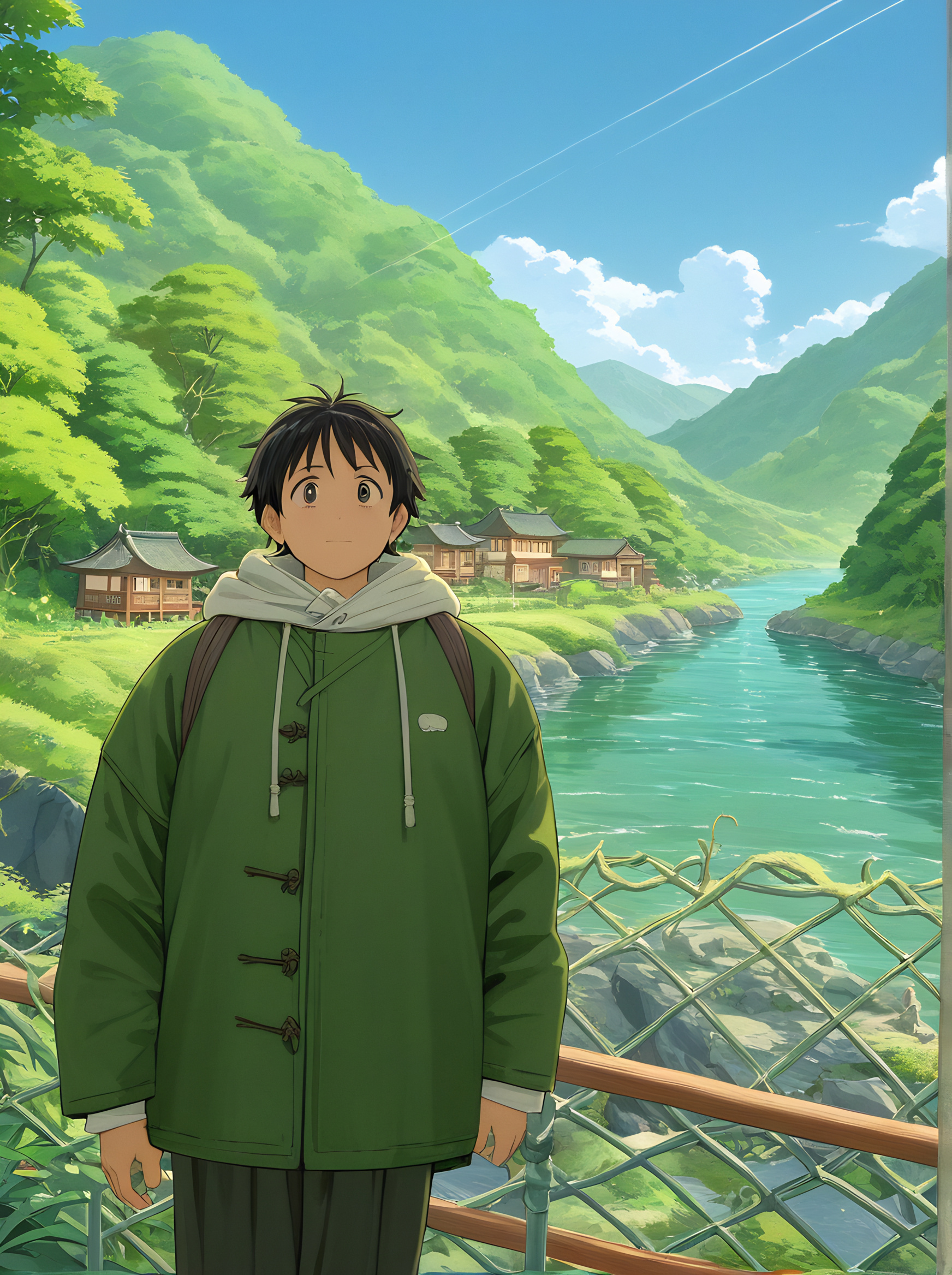 A Studio Ghibli style shot of a man in mountains
