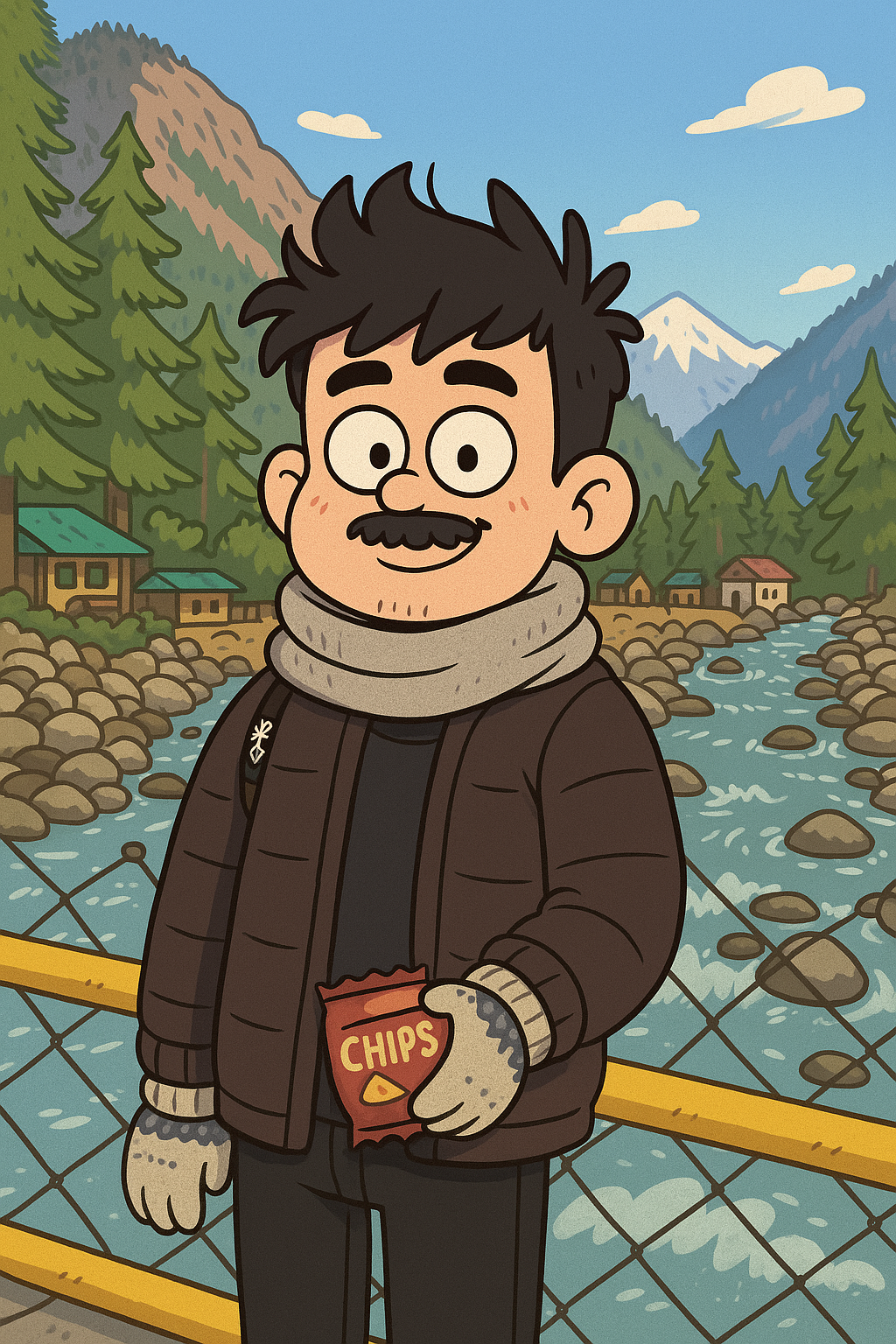 A gravity falls cartoon still of a man in mountains