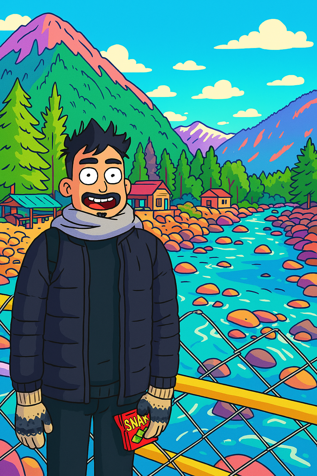 A rick and morty style shot of a man in mountains