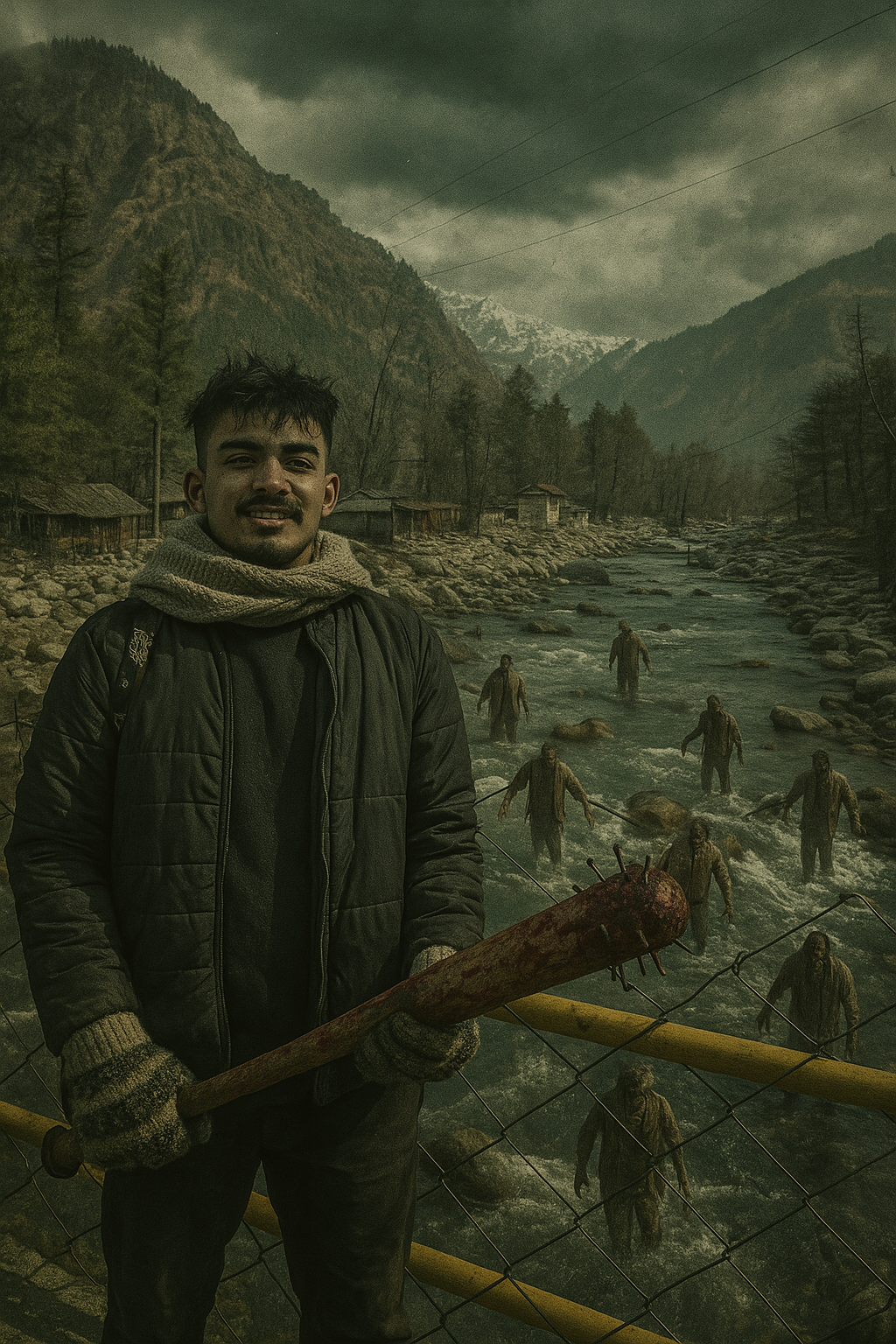 A shot of a man in mountains with zombies walking up to him